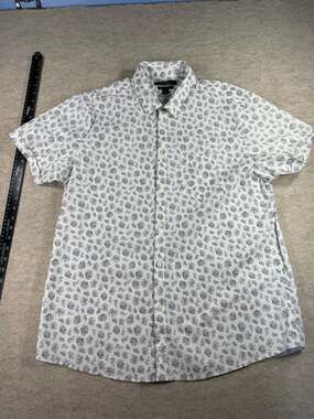 Marc Anthony Luxury Slim Fit Men XL White Gray Monstera Leaf Button Down Shirt